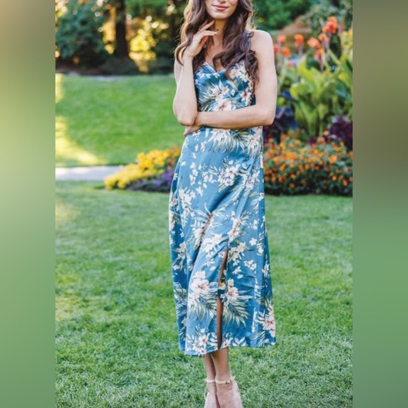 Drape Neck Floral Dress-Teal - Picture 2 of 5